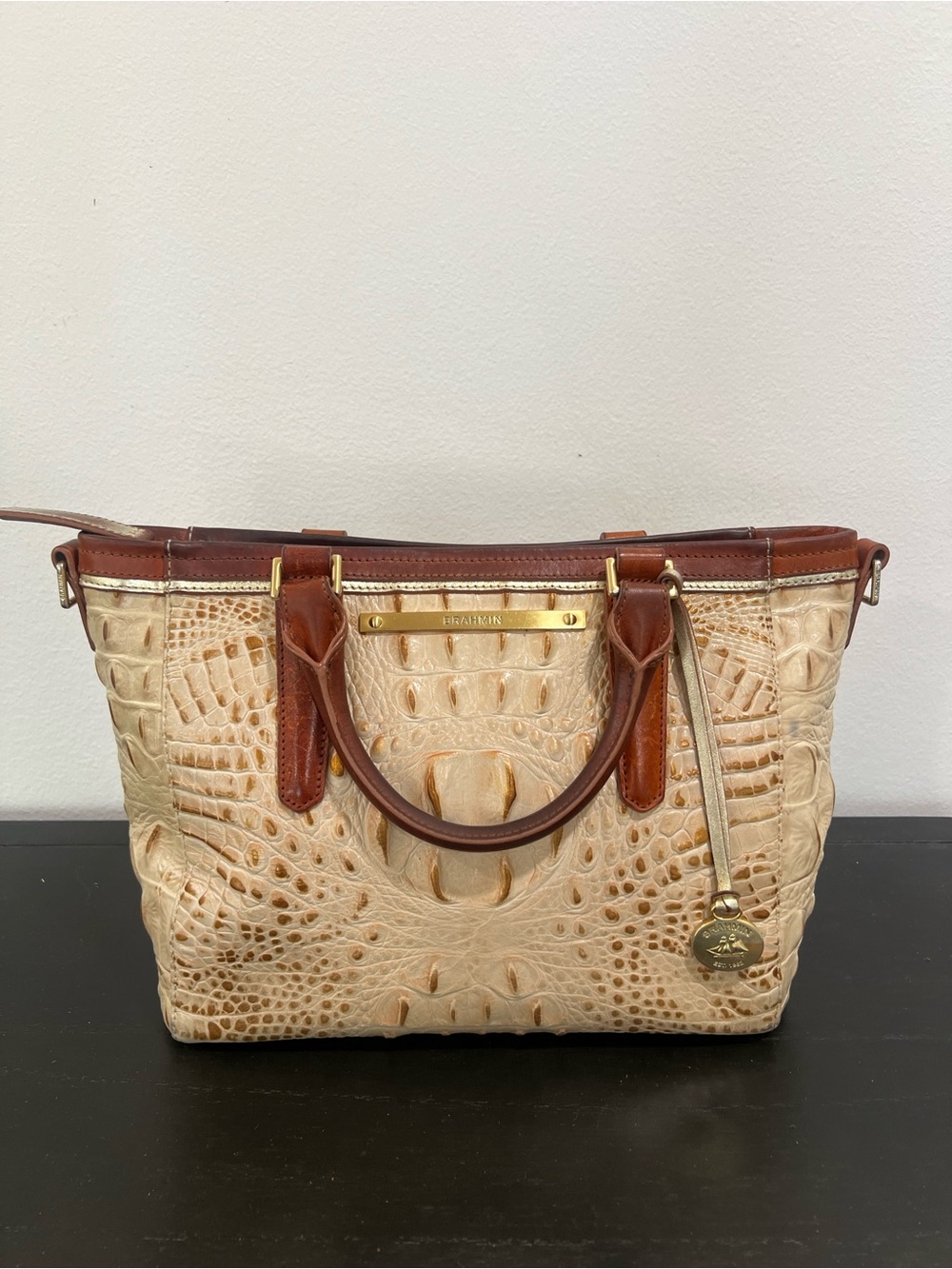 Brahmin Mini Asher Cream Croc-Embossed Leather Tote with Brown Trim